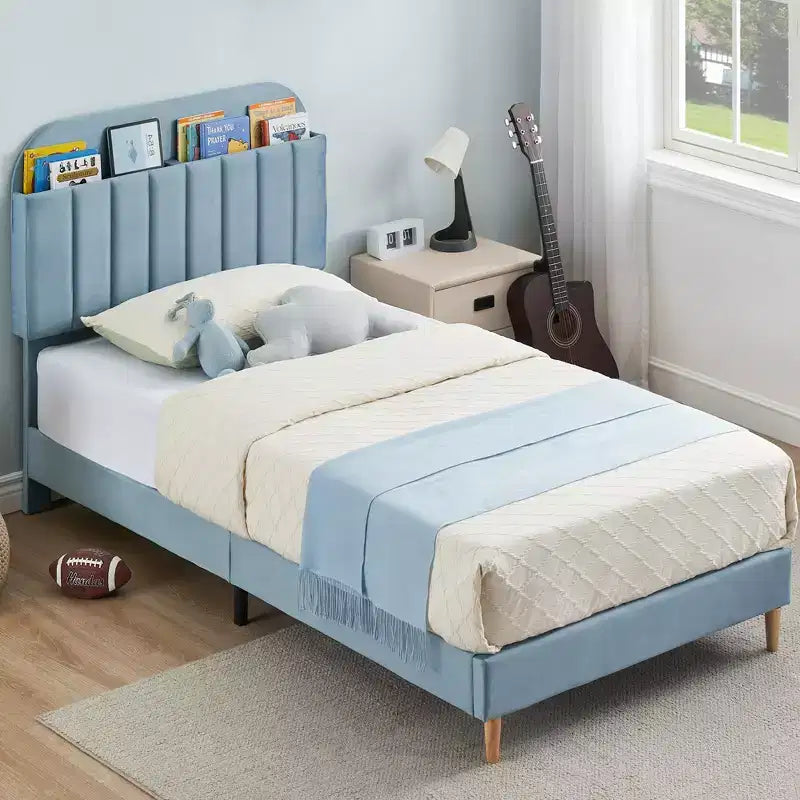 Bases de cama, base de cama de plataforma tapizada con cabecero con estantería, patas de soporte de acero de alta resistencia, fácil montaje, sin ruidos