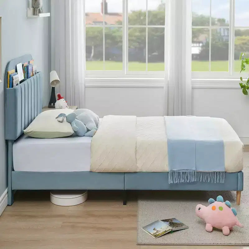 Bases de cama, base de cama de plataforma tapizada con cabecero con estantería, patas de soporte de acero de alta resistencia, fácil montaje, sin ruidos