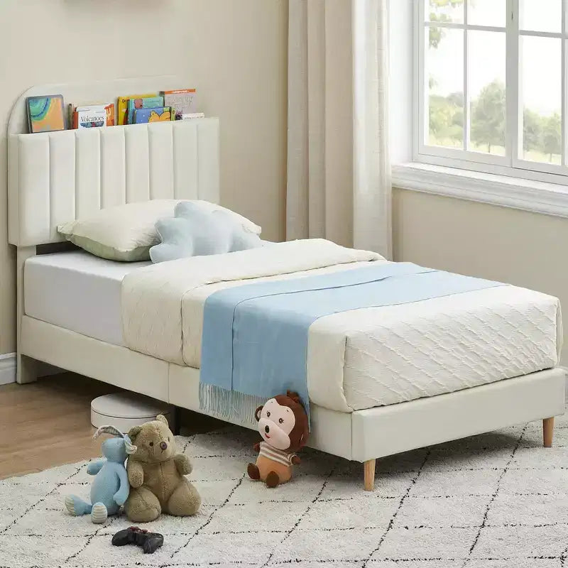 Bases de cama, base de cama de plataforma tapizada con cabecero con estantería, patas de soporte de acero de alta resistencia, fácil montaje, sin ruidos