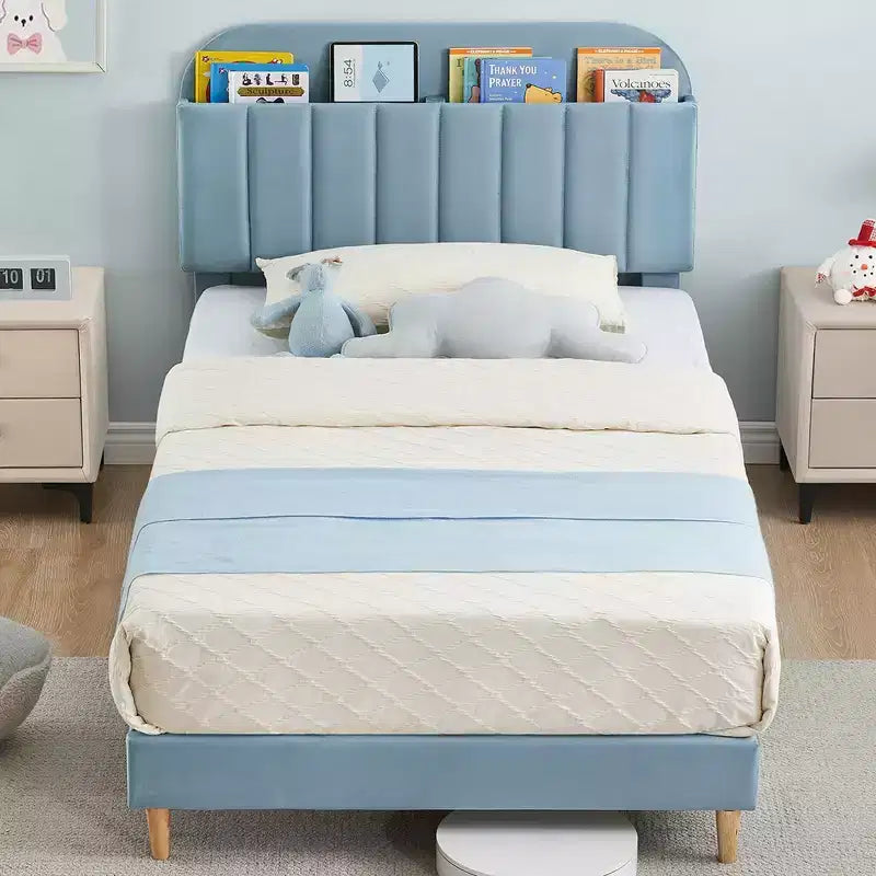 Bases de cama, base de cama de plataforma tapizada con cabecero con estantería, patas de soporte de acero de alta resistencia, fácil montaje, sin ruidos