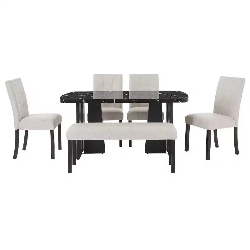 Juego de mesa de comedor de imitación mármol para 6 personas, mesa de comedor rectangular de 6 piezas con 4 sillas tapizadas y 1 banco para comedor