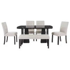 Juego de mesa de comedor de imitación mármol para 6 personas, mesa de comedor rectangular de 6 piezas con 4 sillas tapizadas y 1 banco para comedor