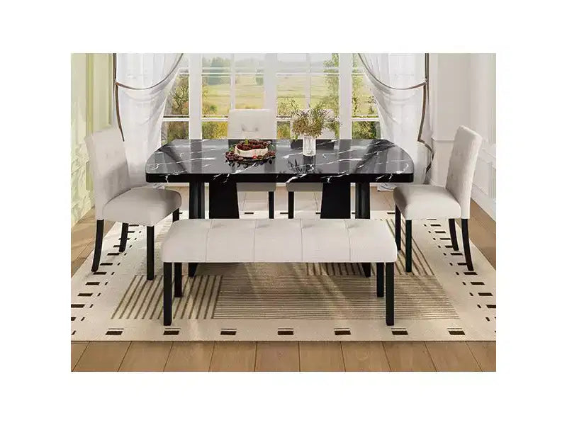 Juego de mesa de comedor de imitación mármol para 6 personas, mesa de comedor rectangular de 6 piezas con 4 sillas tapizadas y 1 banco para comedor