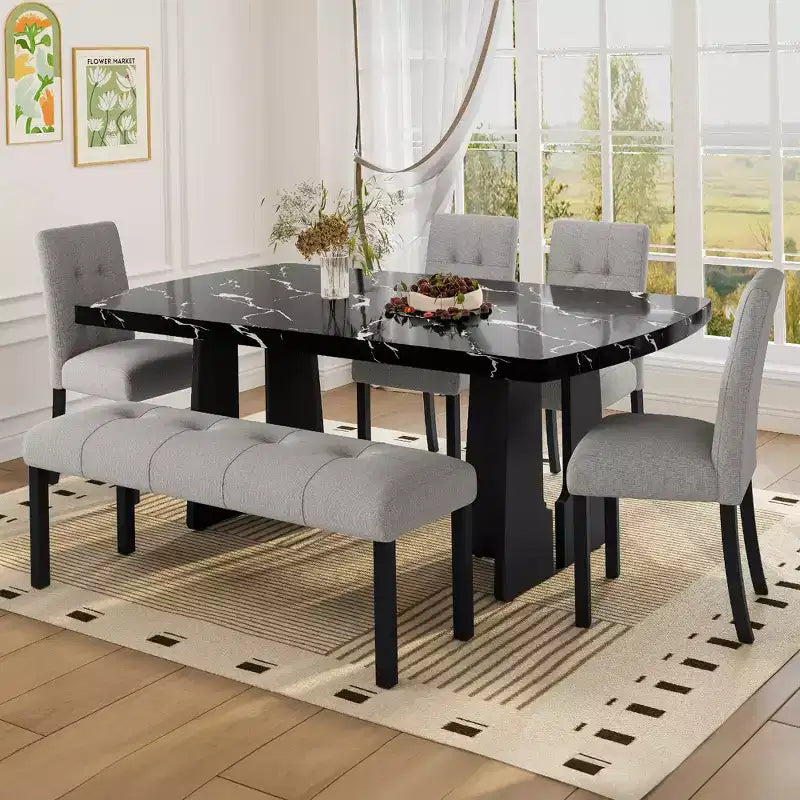 Juego de mesa de comedor de imitación mármol para 6 personas, mesa de comedor rectangular de 6 piezas con 4 sillas tapizadas y 1 banco para comedor