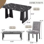 Juego de mesa de comedor de imitación mármol para 6 personas, mesa de comedor rectangular de 6 piezas con 4 sillas tapizadas y 1 banco para comedor