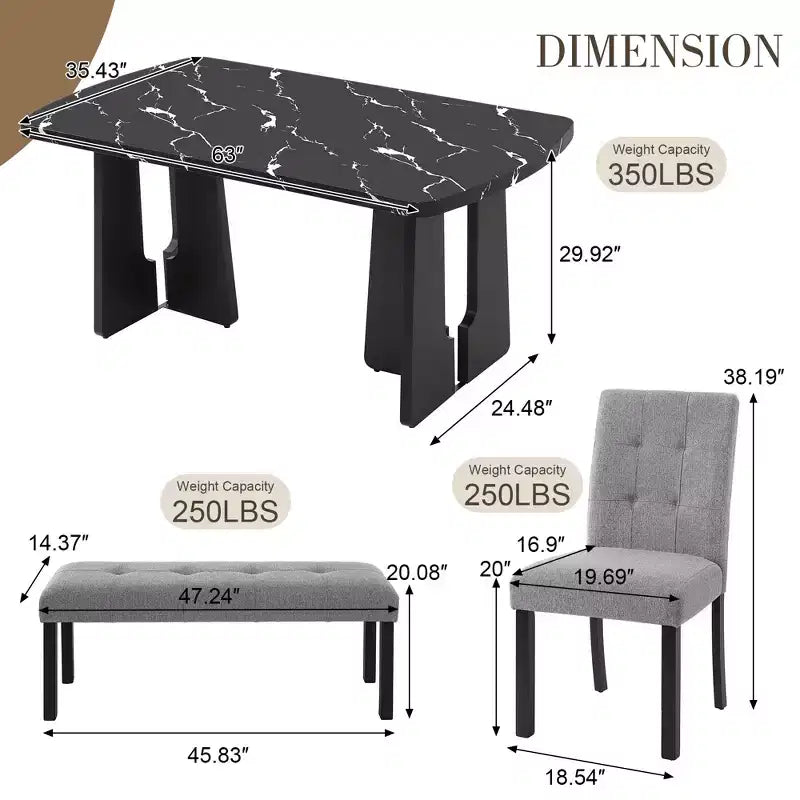 Juego de mesa de comedor de imitación mármol para 6 personas, mesa de comedor rectangular de 6 piezas con 4 sillas tapizadas y 1 banco para comedor
