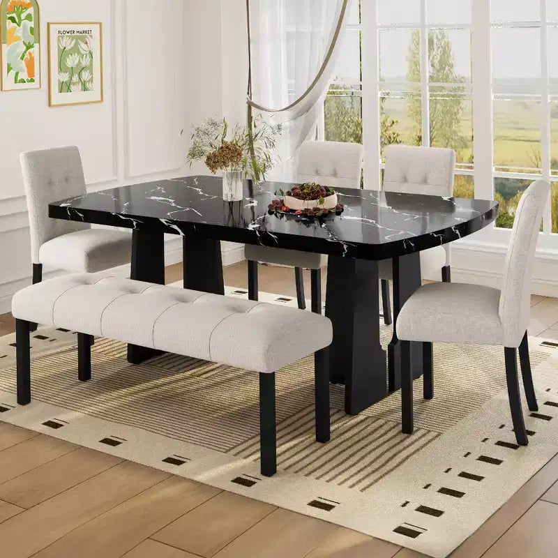 Juego de mesa de comedor de imitación mármol para 6 personas, mesa de comedor rectangular de 6 piezas con 4 sillas tapizadas y 1 banco para comedor