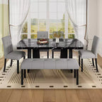 Juego de mesa de comedor de imitación mármol para 6 personas, mesa de comedor rectangular de 6 piezas con 4 sillas tapizadas y 1 banco para comedor