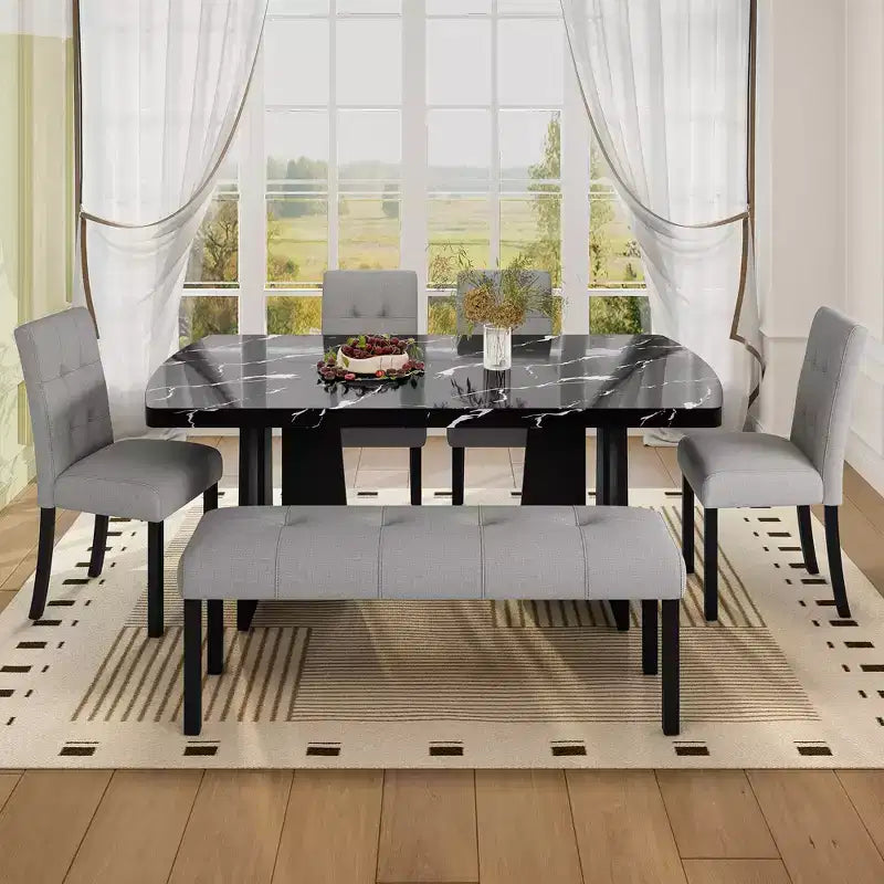 Juego de mesa de comedor de imitación mármol para 6 personas, mesa de comedor rectangular de 6 piezas con 4 sillas tapizadas y 1 banco para comedor