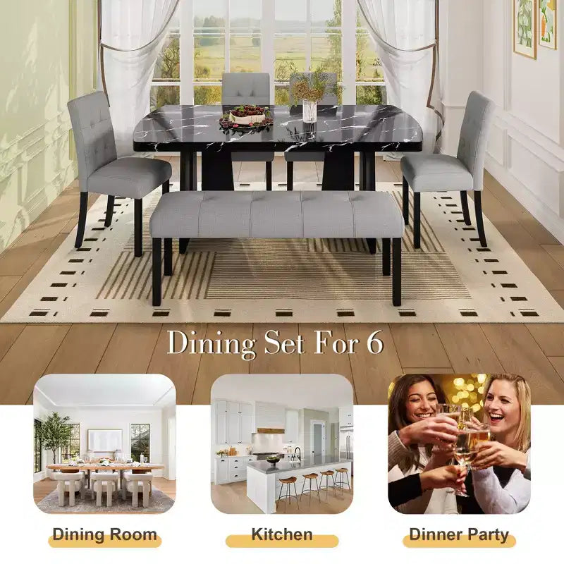 Juego de mesa de comedor de imitación mármol para 6 personas, mesa de comedor rectangular de 6 piezas con 4 sillas tapizadas y 1 banco para comedor