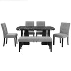 Juego de mesa de comedor de imitación mármol para 6 personas, mesa de comedor rectangular de 6 piezas con 4 sillas tapizadas y 1 banco para comedor
