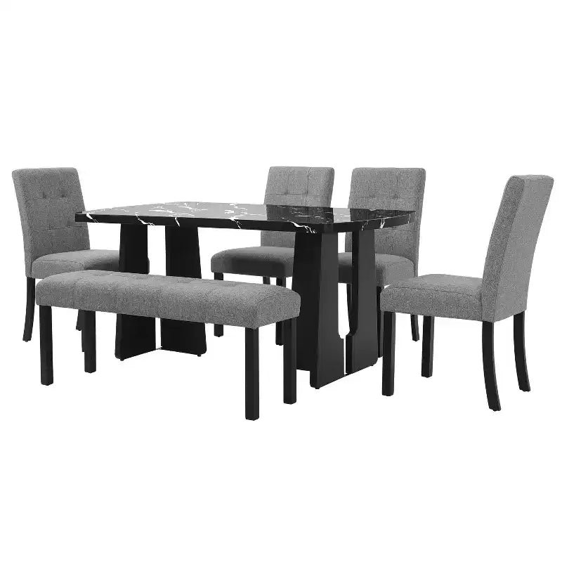Juego de mesa de comedor de imitación mármol para 6 personas, mesa de comedor rectangular de 6 piezas con 4 sillas tapizadas y 1 banco para comedor