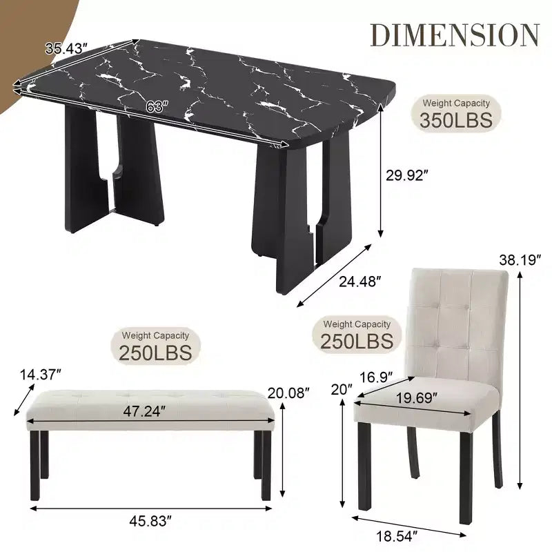 Juego de mesa de comedor de imitación mármol para 6 personas, mesa de comedor rectangular de 6 piezas con 4 sillas tapizadas y 1 banco para comedor