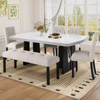 Juego de mesa de comedor de imitación mármol para 6 personas, mesa de comedor rectangular de 6 piezas con 4 sillas tapizadas y 1 banco para comedor
