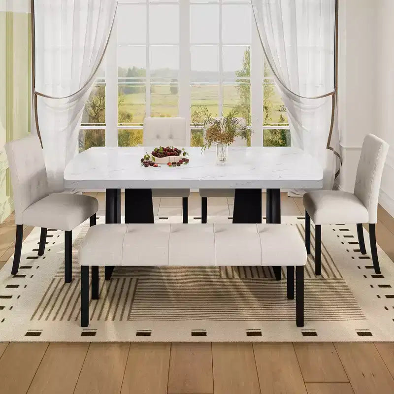 Juego de mesa de comedor de imitación mármol para 6 personas, mesa de comedor rectangular de 6 piezas con 4 sillas tapizadas y 1 banco para comedor