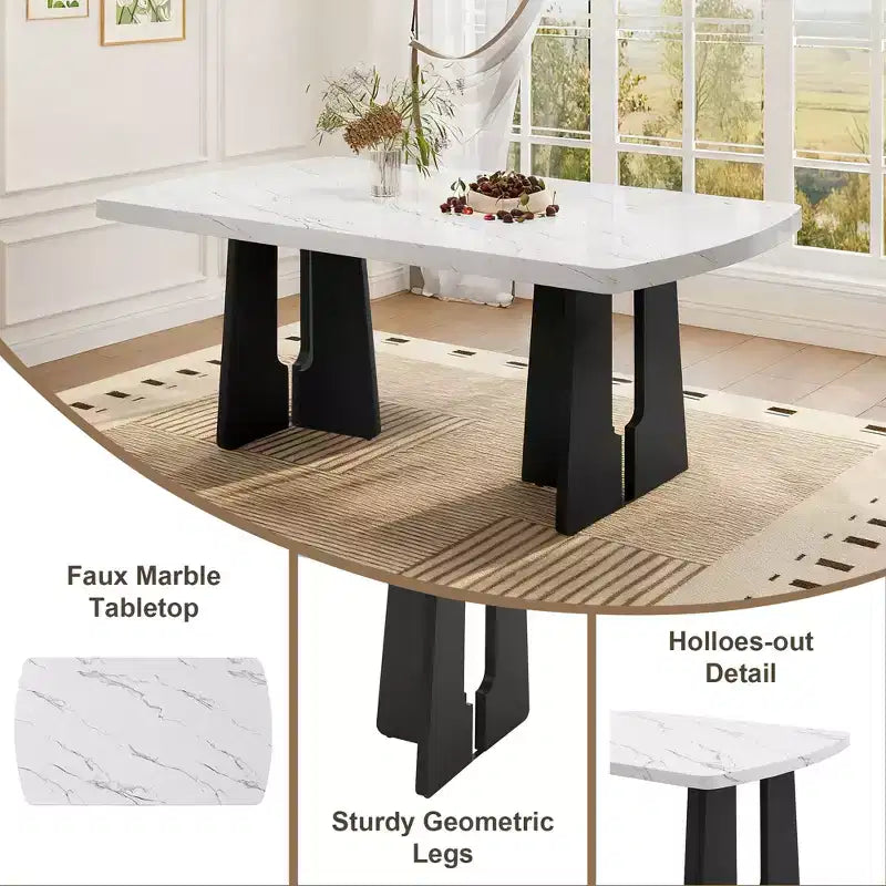 Juego de mesa de comedor de imitación mármol para 6 personas, mesa de comedor rectangular de 6 piezas con 4 sillas tapizadas y 1 banco para comedor