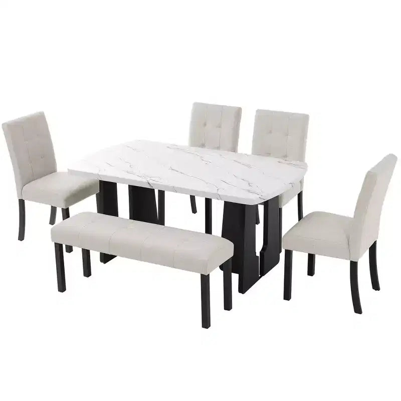 Juego de mesa de comedor de imitación mármol para 6 personas, mesa de comedor rectangular de 6 piezas con 4 sillas tapizadas y 1 banco para comedor