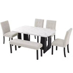 Juego de mesa de comedor de imitación mármol para 6 personas, mesa de comedor rectangular de 6 piezas con 4 sillas tapizadas y 1 banco para comedor