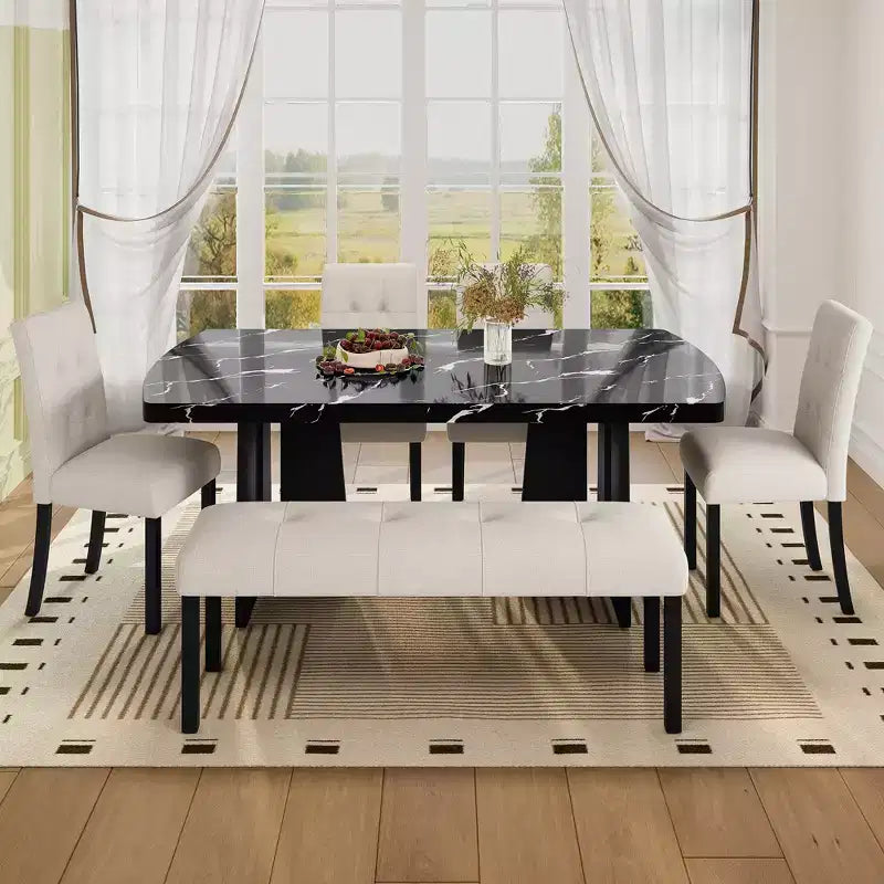 Juego de mesa de comedor de imitación mármol para 6 personas, mesa de comedor rectangular de 6 piezas con 4 sillas tapizadas y 1 banco para comedor