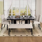 Juego de mesa de comedor de imitación mármol para 6 personas, mesa de comedor rectangular de 6 piezas con 4 sillas tapizadas y 1 banco para comedor