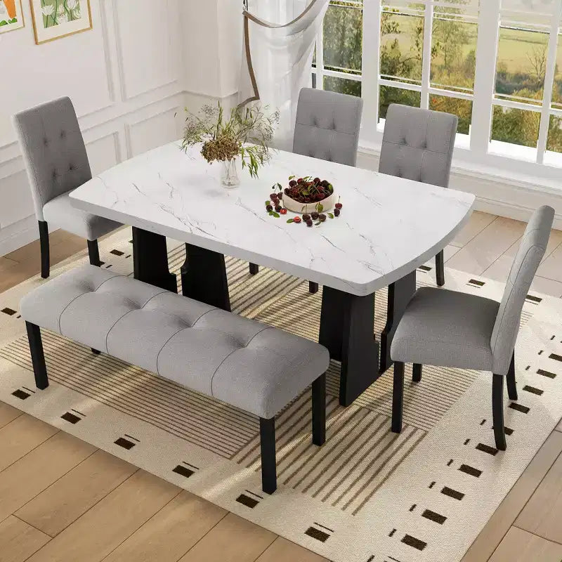 Juego de mesa de comedor de imitación mármol para 6 personas, mesa de comedor rectangular de 6 piezas con 4 sillas tapizadas y 1 banco para comedor
