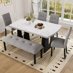 Juego de mesa de comedor de imitación mármol para 6 personas, mesa de comedor rectangular de 6 piezas con 4 sillas tapizadas y 1 banco para comedor
