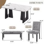 Juego de mesa de comedor de imitación mármol para 6 personas, mesa de comedor rectangular de 6 piezas con 4 sillas tapizadas y 1 banco para comedor