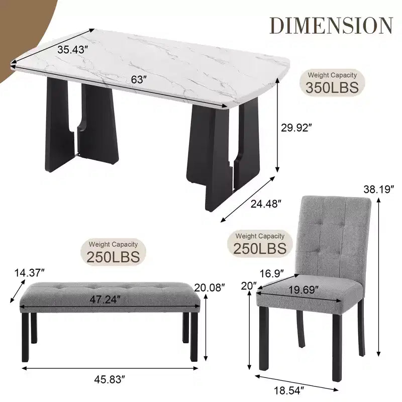 Juego de mesa de comedor de imitación mármol para 6 personas, mesa de comedor rectangular de 6 piezas con 4 sillas tapizadas y 1 banco para comedor