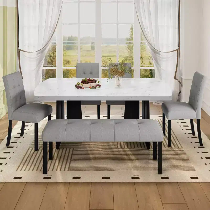 Juego de mesa de comedor de imitación mármol para 6 personas, mesa de comedor rectangular de 6 piezas con 4 sillas tapizadas y 1 banco para comedor