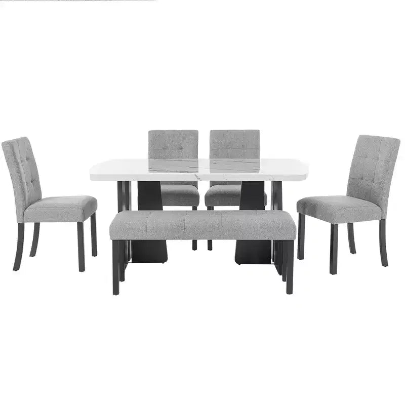 Juego de mesa de comedor de imitación mármol para 6 personas, mesa de comedor rectangular de 6 piezas con 4 sillas tapizadas y 1 banco para comedor