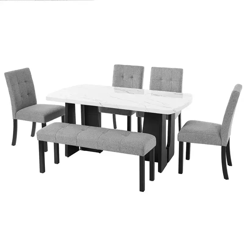 Juego de mesa de comedor de imitación mármol para 6 personas, mesa de comedor rectangular de 6 piezas con 4 sillas tapizadas y 1 banco para comedor