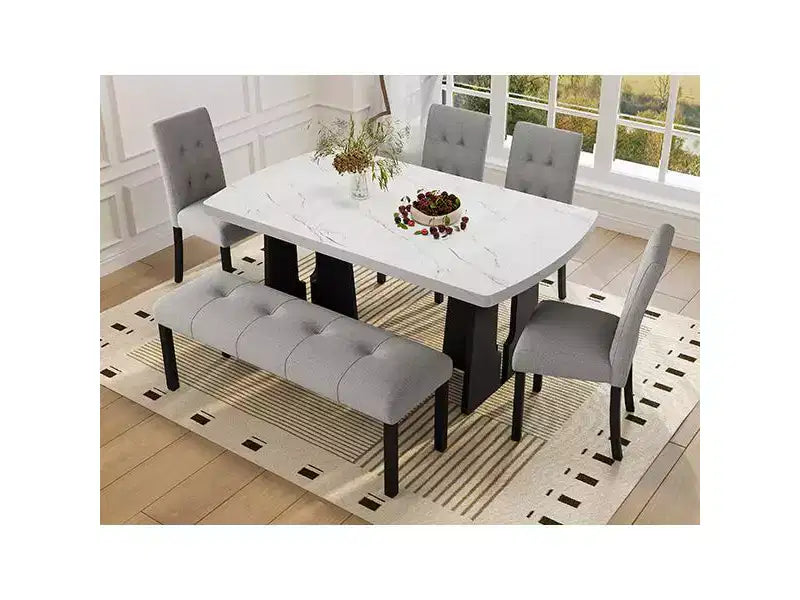 Juego de mesa de comedor de imitación mármol para 6 personas, mesa de comedor rectangular de 6 piezas con 4 sillas tapizadas y 1 banco para comedor