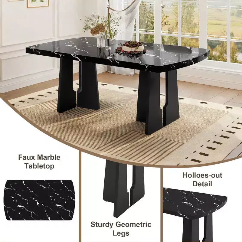 Juego de mesa de comedor de imitación mármol para 6 personas, mesa de comedor rectangular de 6 piezas con 4 sillas tapizadas y 1 banco para comedor