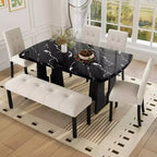 Faux Marble Dining Table Set for 6, 6 Pieces Rectangle Dining Table with 4 Upholstered Chairs & 1 Bench for Dining Room