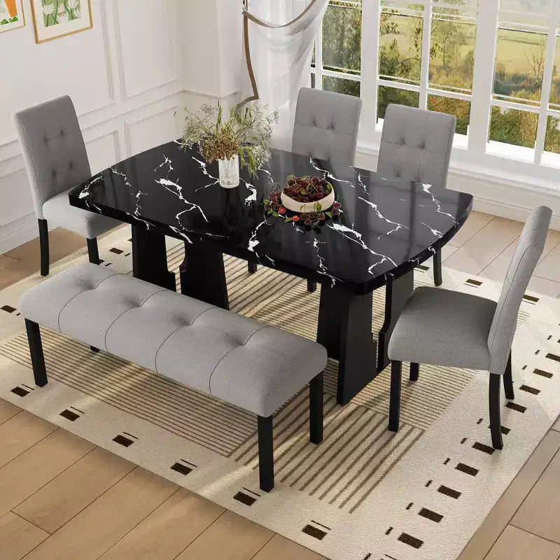 Juego de mesa de comedor de imitación mármol para 6 personas, mesa de comedor rectangular de 6 piezas con 4 sillas tapizadas y 1 banco para comedor