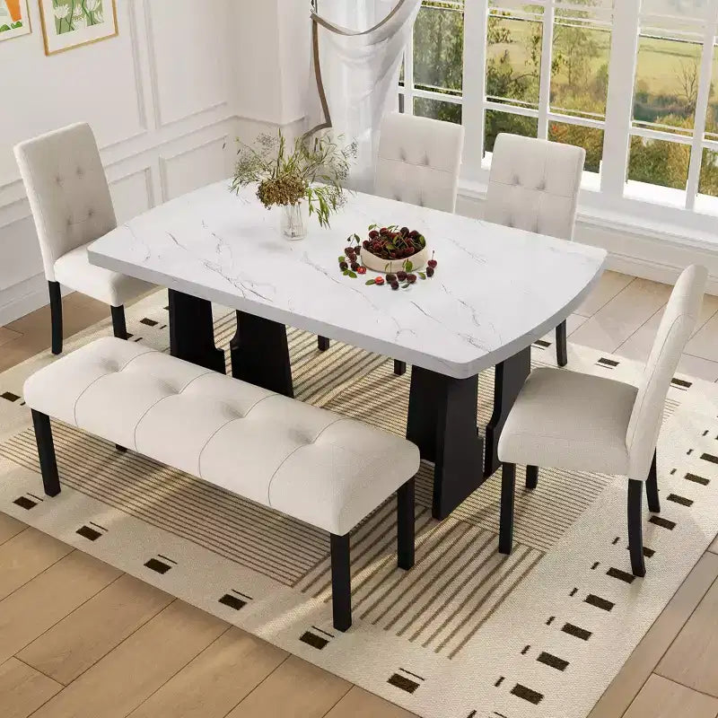 Juego de mesa de comedor de imitación mármol para 6 personas, mesa de comedor rectangular de 6 piezas con 4 sillas tapizadas y 1 banco para comedor