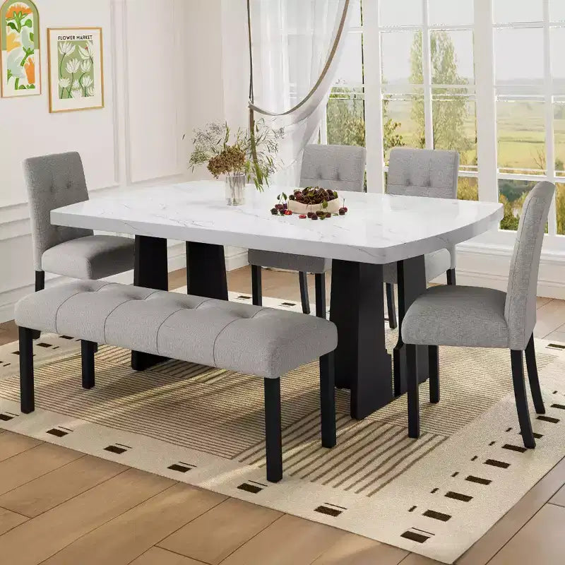 Juego de mesa de comedor de imitación mármol para 6 personas, mesa de comedor rectangular de 6 piezas con 4 sillas tapizadas y 1 banco para comedor