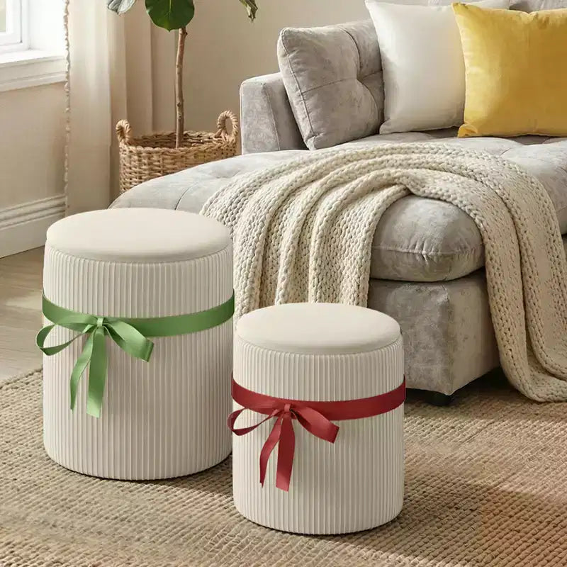 Puf otomano redondo Pinmoco con almacenamiento, juego de 2, otomana de mesa de centro, taburete de tocador de pana para dormitorio, reposapiés para sala de estar