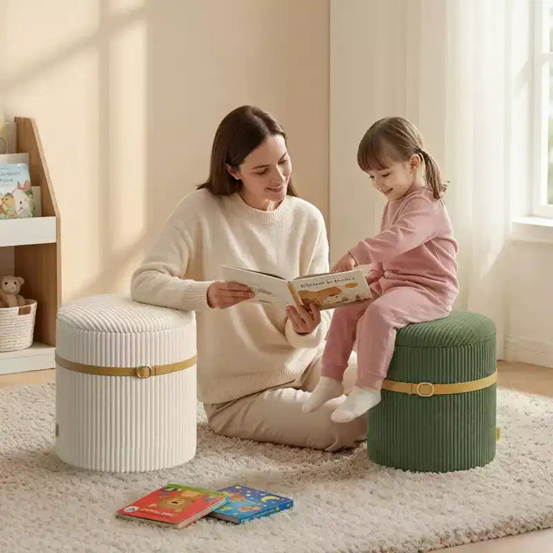 Puf otomano redondo Pinmoco con almacenamiento, juego de 2, otomana de mesa de centro, taburete de tocador de pana para dormitorio, reposapiés para sala de estar