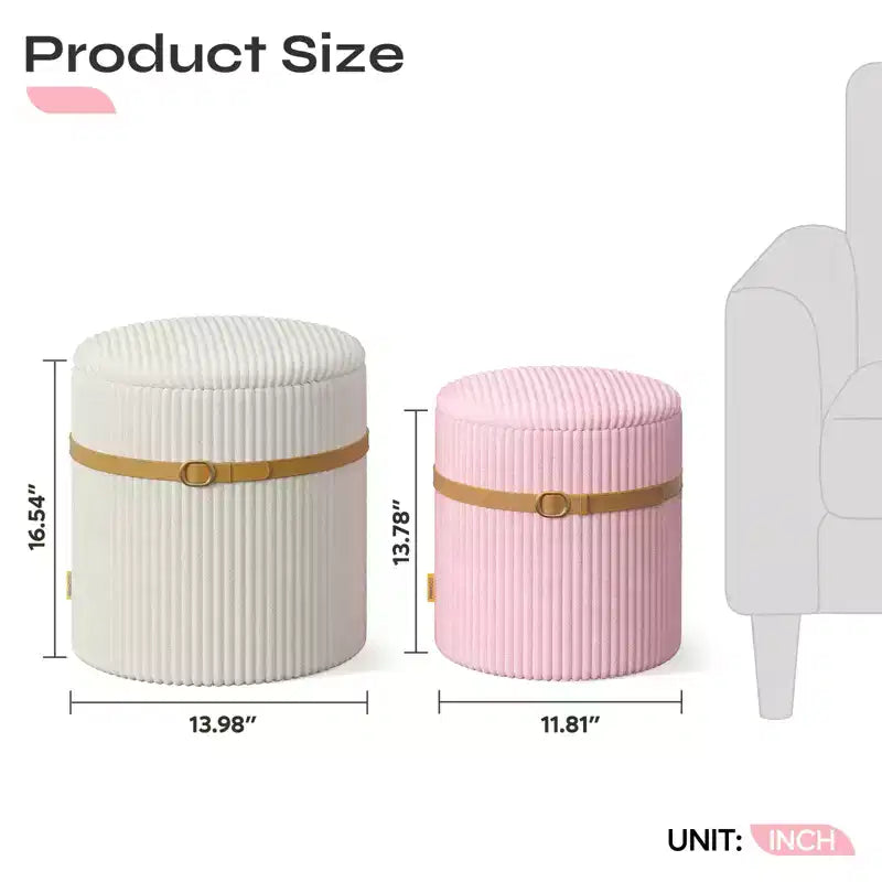 Puf otomano redondo Pinmoco con almacenamiento, juego de 2, otomana de mesa de centro, taburete de tocador de pana para dormitorio, reposapiés para sala de estar