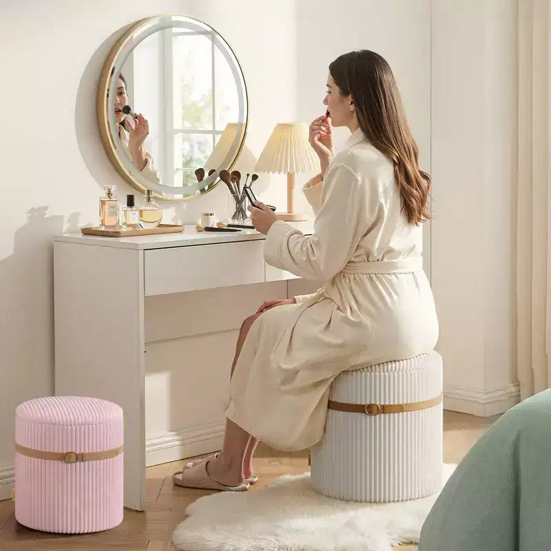 Puf otomano redondo Pinmoco con almacenamiento, juego de 2, otomana de mesa de centro, taburete de tocador de pana para dormitorio, reposapiés para sala de estar