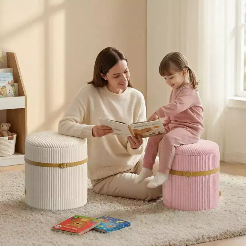 Puf otomano redondo Pinmoco con almacenamiento, juego de 2, otomana de mesa de centro, taburete de tocador de pana para dormitorio, reposapiés para sala de estar