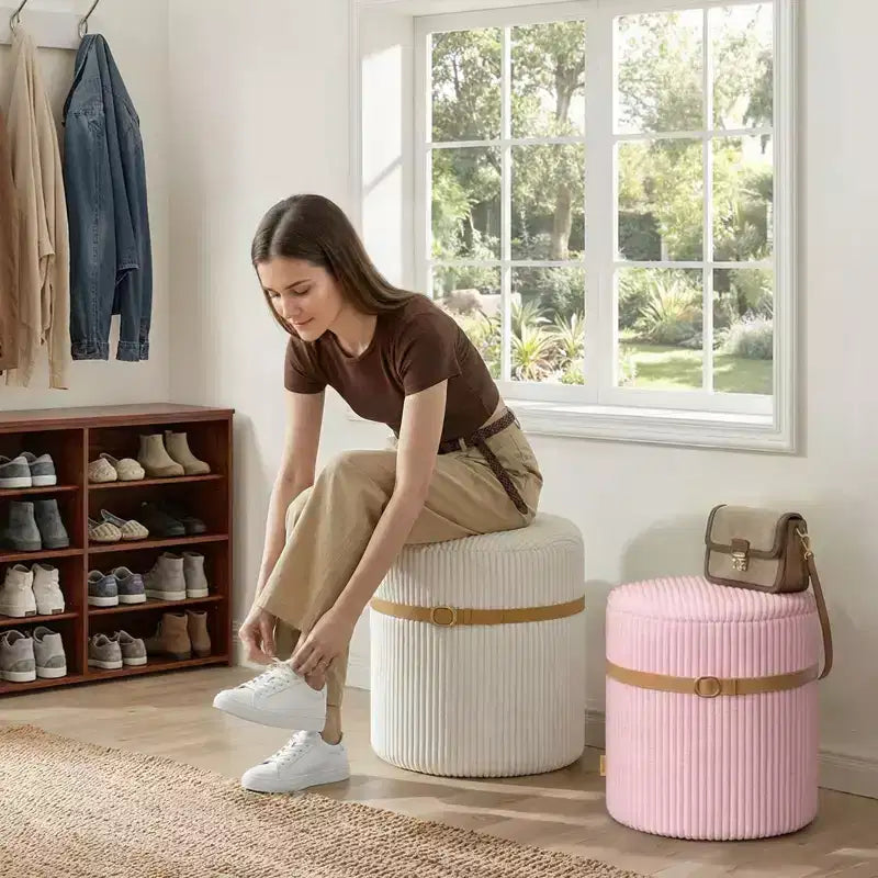 Puf otomano redondo Pinmoco con almacenamiento, juego de 2, otomana de mesa de centro, taburete de tocador de pana para dormitorio, reposapiés para sala de estar