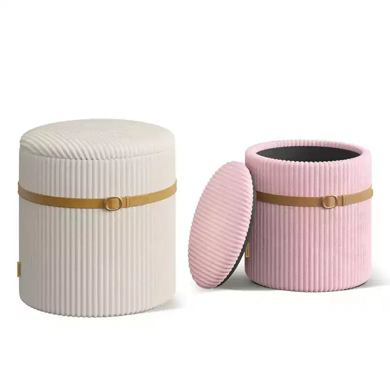 Puf otomano redondo Pinmoco con almacenamiento, juego de 2, otomana de mesa de centro, taburete de tocador de pana para dormitorio, reposapiés para sala de estar