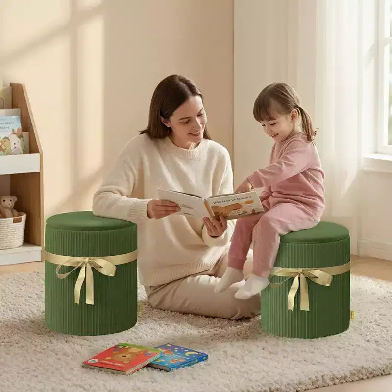 Puf otomano redondo Pinmoco con almacenamiento, juego de 2, otomana de mesa de centro, taburete de tocador de pana para dormitorio, reposapiés para sala de estar
