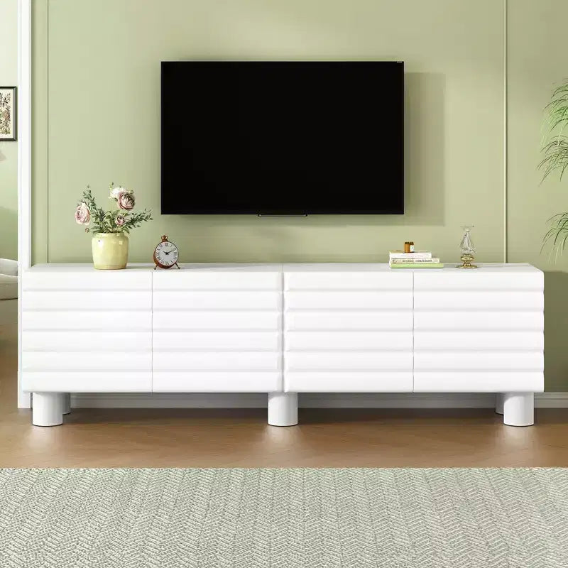 JVNOXK 70-inch Wave-Style TV Console with Adjustable Shelves and 4 Cabinets, Accommodates TVs up to 75 inches; Ideal for Living Rooms, White