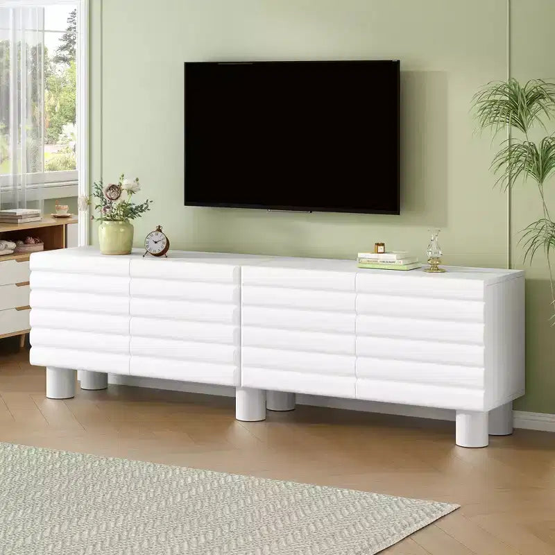 JVNOXK Consola de TV de 70 pulgadas estilo onda con estantes ajustables y 4 gabinetes, con capacidad para televisores de hasta 75 pulgadas; ideal para salas de estar, blanco