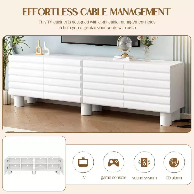 JVNOXK Consola de TV de 70 pulgadas estilo onda con estantes ajustables y 4 gabinetes, con capacidad para televisores de hasta 75 pulgadas; ideal para salas de estar, blanco