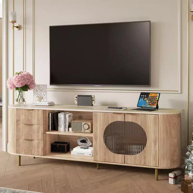 JVNOXK 65-inch Modern Recessed TV Console with Marble-Look Countertop and Gold Accents, Suitable for Living Rooms, Natural Oak