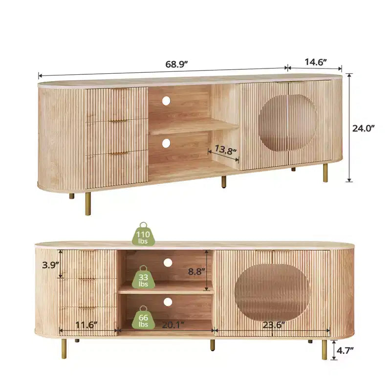 Mueble de TV empotrado moderno de 65 pulgadas JVNOXK con encimera con aspecto de mármol y detalles dorados, adecuado para salones, roble natural